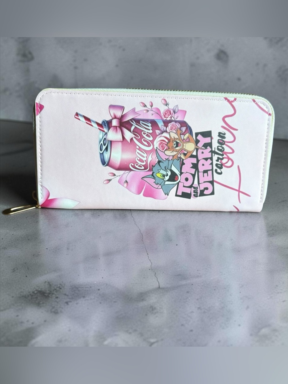 Tom and Jerry Pink Cartoon Zip Wallet with Coca-Cola Graphic